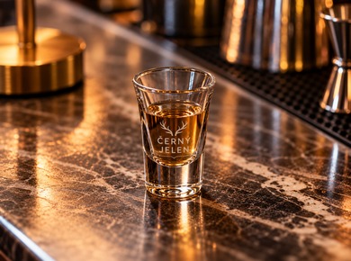 Kleines Spirituosenglas mit dem Logo einer Bar