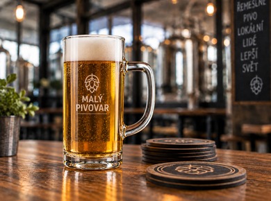 Hoher Bierseidel mit dem Logo einer kleinen Brauerei