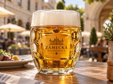Bierkrug mit Restaurantlogo auf einer Außenterrasse