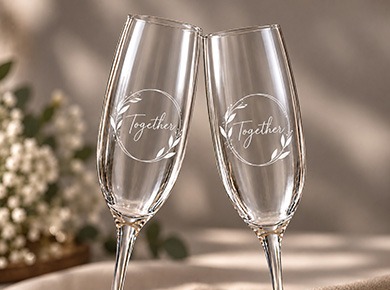 Zwei Hochzeitsgläser für Sekt mit feinem Together-Dekor