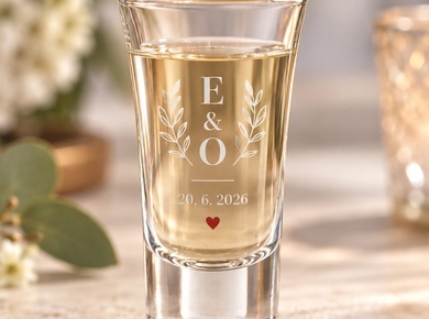 Kleines Hochzeitsglas mit Initialen des Paares und Datum