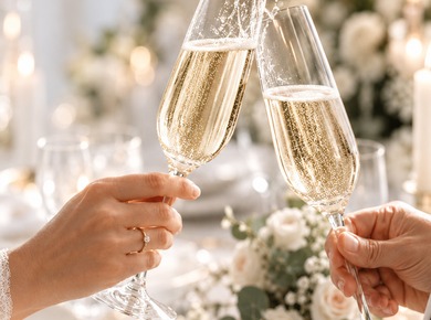 Hochzeitstoast des Brautpaares mit zwei Sektgläsern